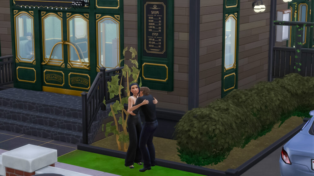 Sims 4 Dine Out 2026 couple enjoying a romantic date night outside restaurant
