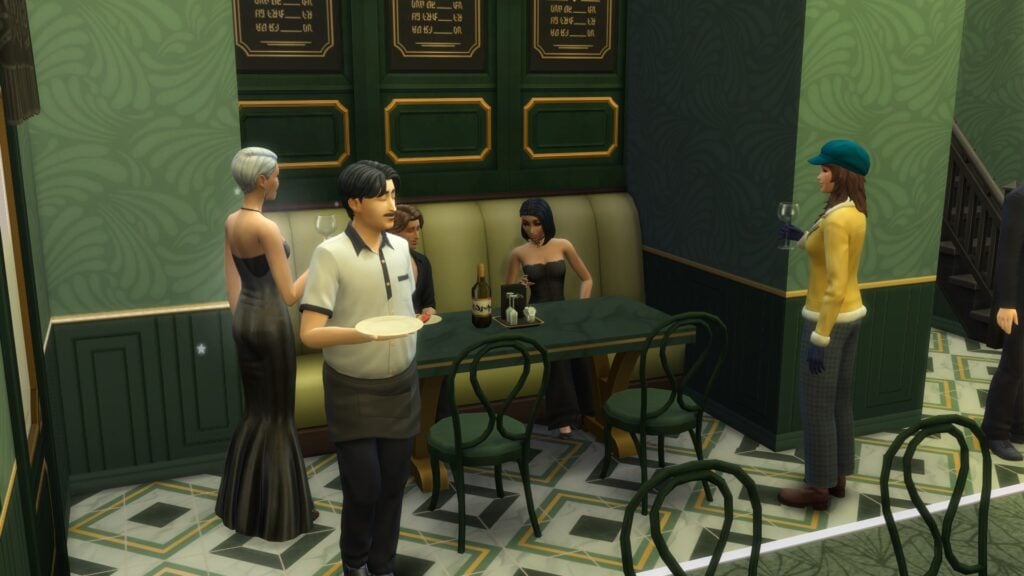 Sims 4 Dine Out 2026 restaurant guests crowding booth during dinner service