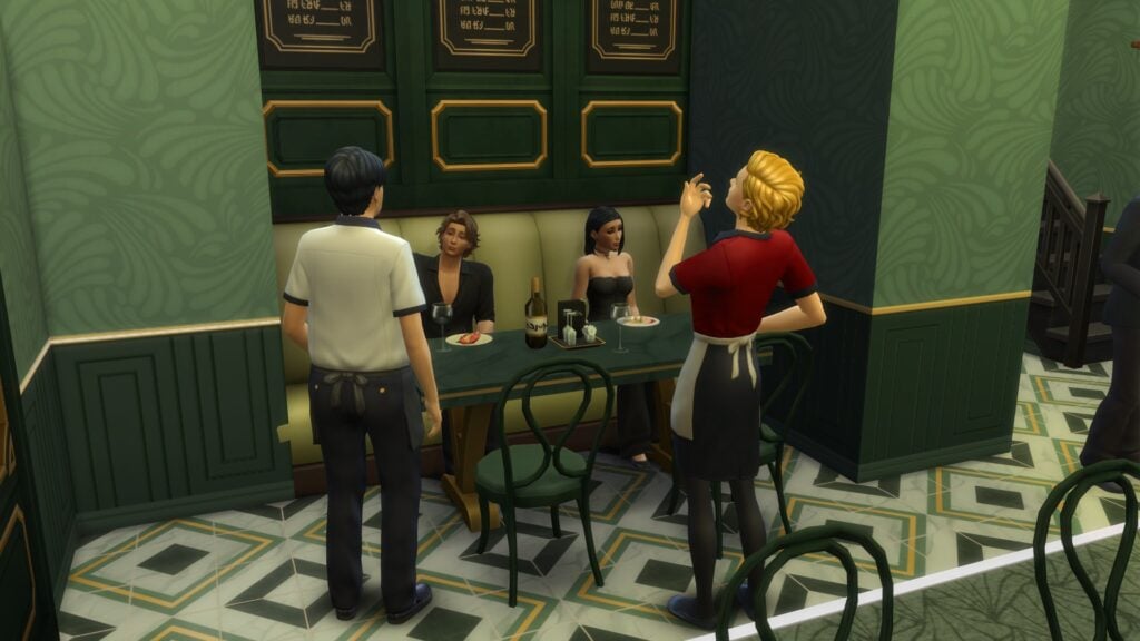 Sims 4 Dine Out 2026 restaurant staff checking on Sims during dinner date