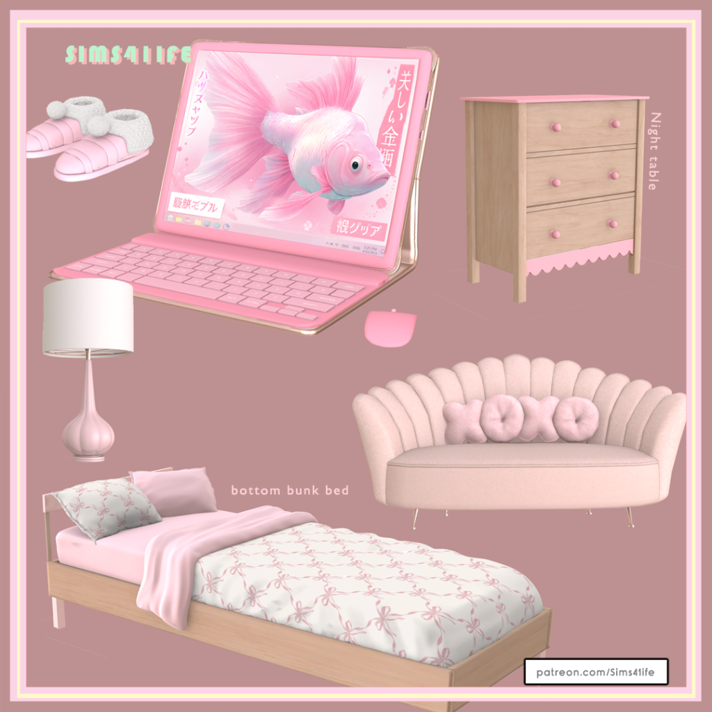 The Sims 4 Hada Set Overview: Perfect for Dreamy Teen Bedrooms 3 Dreamy Sims 4 teen bedroom using the Sims41life Hada Set with a pastel bed, tablet, lamp, slippers, and cozy pink decor.