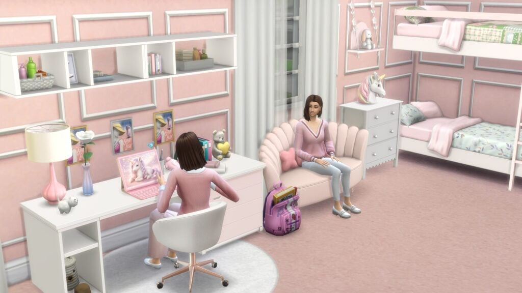 The Sims 4 Hada Set by Sims41life featuring pastel teen bedroom furniture including the Hada sofa, bunk and lower bed, tablet, lamp, and night table.