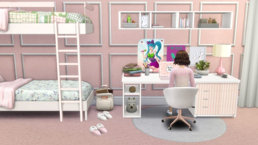 The Sims 4 Hada Set Overview: Perfect for Dreamy Teen Bedrooms 32 The Sims 4 Hada Set by Sims41life featuring the loft bunk bed, desk, chair, books, and pastel teen bedroom decor.