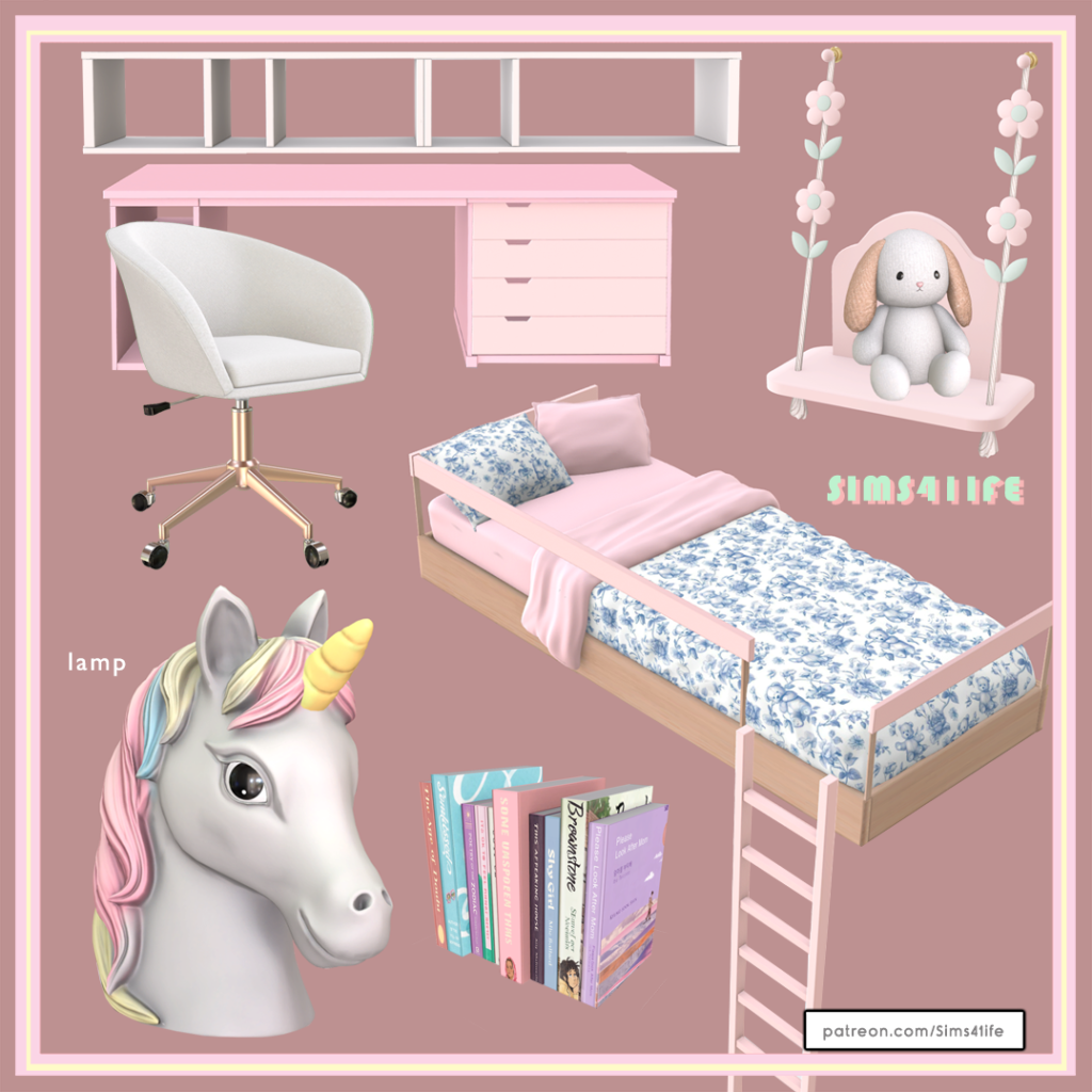 The Sims 4 Hada Set Overview: Perfect for Dreamy Teen Bedrooms 2 Sims 4 Hada Set bedroom created with Sims41life custom content featuring pastel pink furniture, loft bunk bed, cozy desk setup, and dreamy teen bedroom decor.
