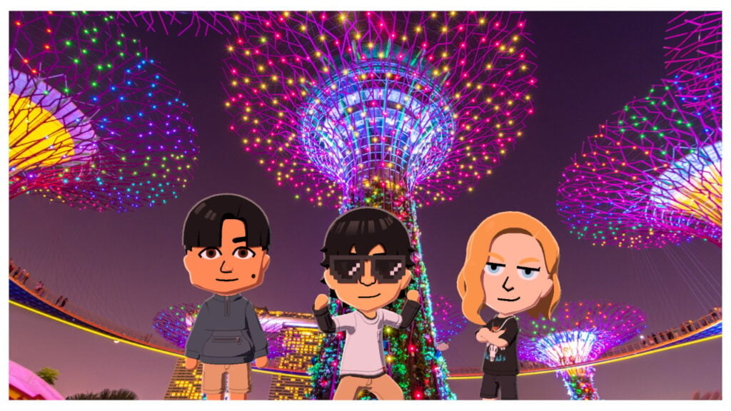 Three Miis stand in front of trees made out of LED lights. 