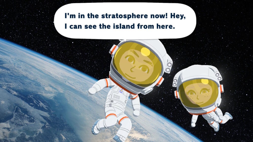 Two Miis float in space, with earth in the background in Tomodachi Life