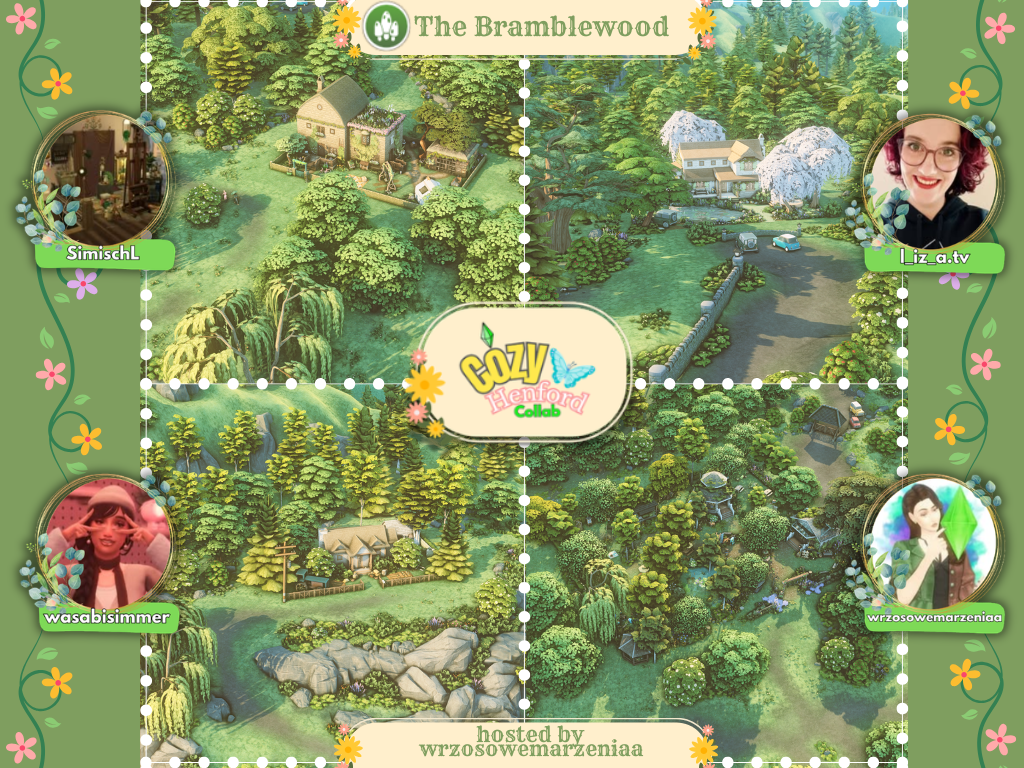 Map overview of The Bramblewood area in The Sims 4 Cozy Henford Save File featuring forest cottages, nature-inspired homes, hidden woodland lots, and lush landscaping.