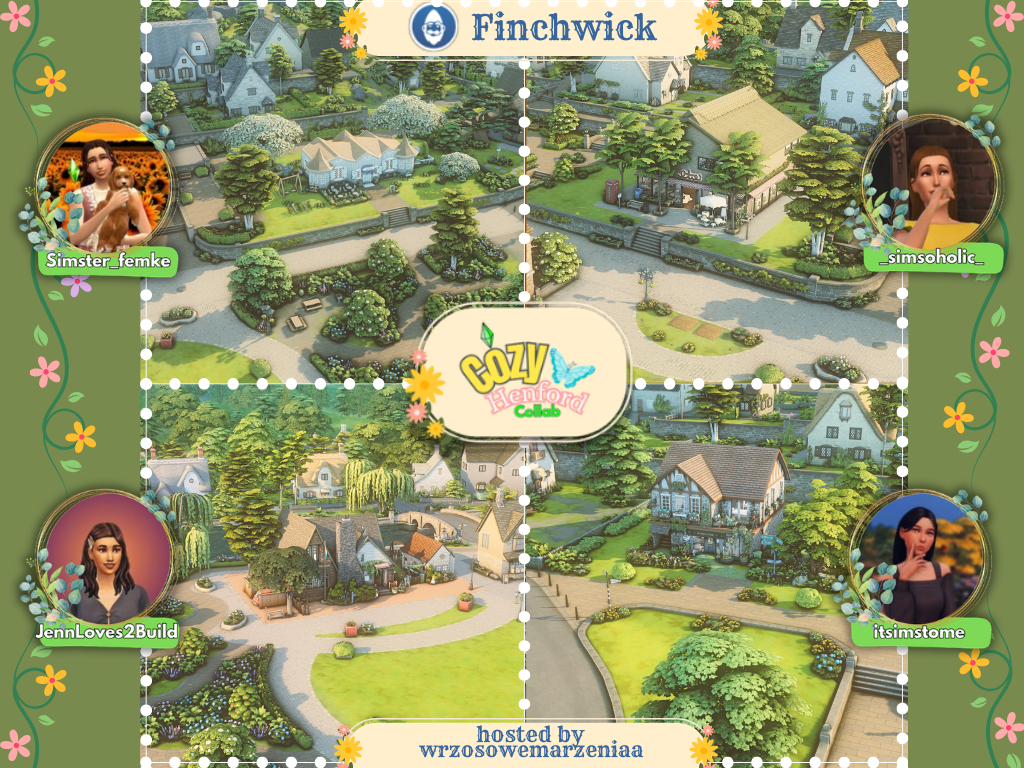 Map overview of the Finchwick area in The Sims 4 Cozy Henford Save File featuring cottagecore homes, landscaped village lots, and community builds by multiple creators.