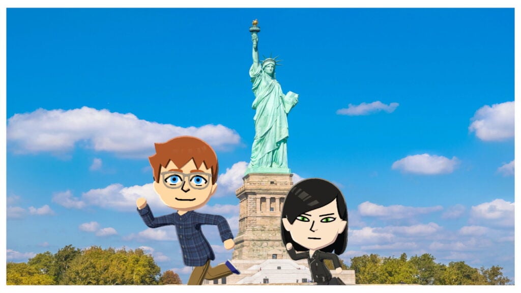 Two Miis standing in front of the Statue of Liberty.