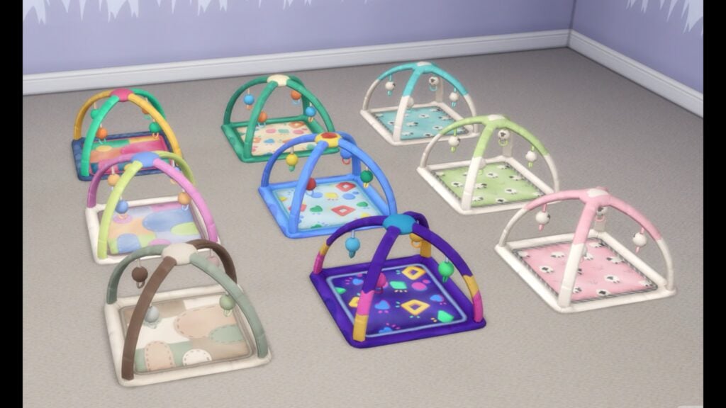 A screenshot showing the new “Lil’Wiggle Playmat” in each of its nine variants in a variety of colors. Some playmats have shapes while others have little sheep.