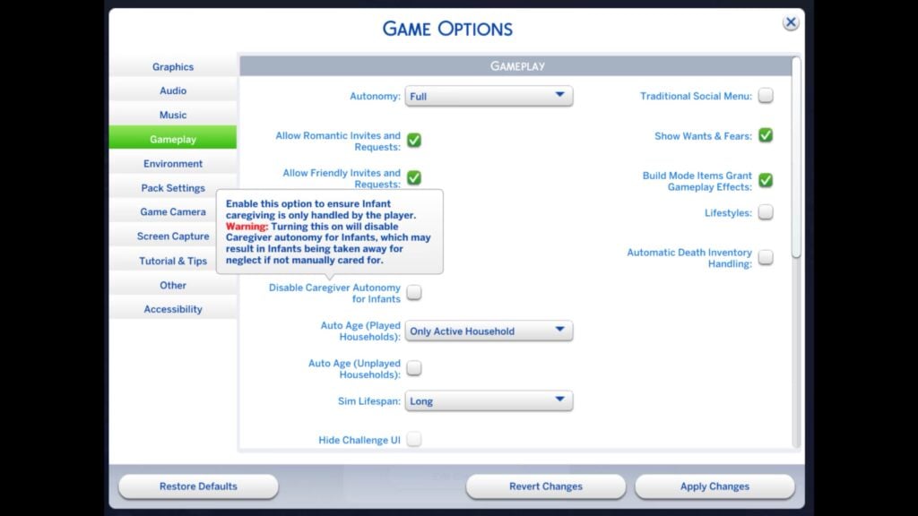 Screenshot of Gameplay tab showing Disable Caregiver Autonomy option with warning that infants may be taken for neglect if not manually cared for.