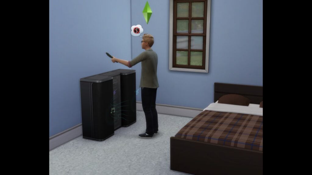 Sim woken by loud radio stands in front of it, holding a remote and turning it off, with a thought bubble showing annoyance.
