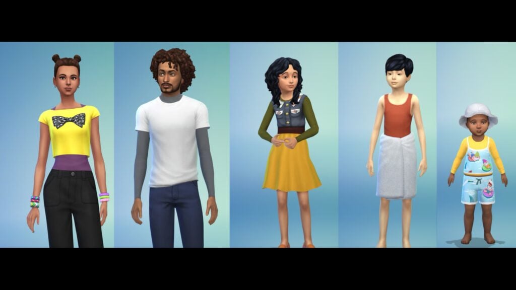  A collage of images of 5 Sims of varying ages standing in Create a Sim mode. 