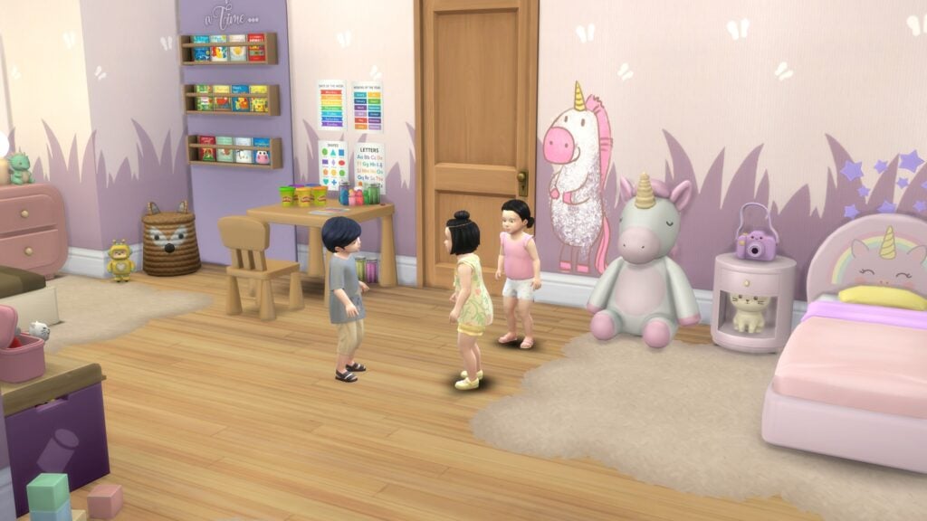 Sims 4 Toddler CC by Amara featuring the Unicorn Dreams bedroom set with Maxis Match furniture, pastel unicorn décor, educational wall art, and toddler bedroom accessories.