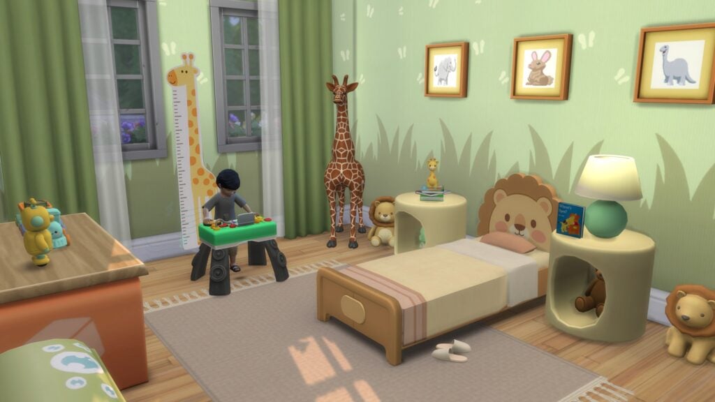 Sims 4 Toddler CC by Amara featuring the Little Lion Dreamland bedroom set with Maxis Match lion furniture, toddler DJ Table Mod, animal décor, and cozy children's furniture.