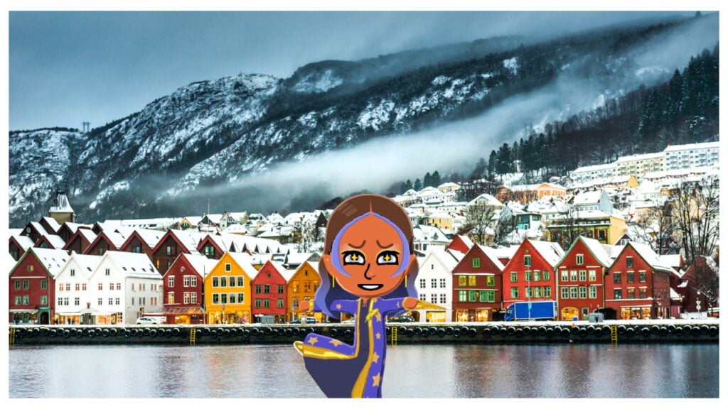 A Mii twirls in front of a colorful row of houses, a lake, and a mountain range.