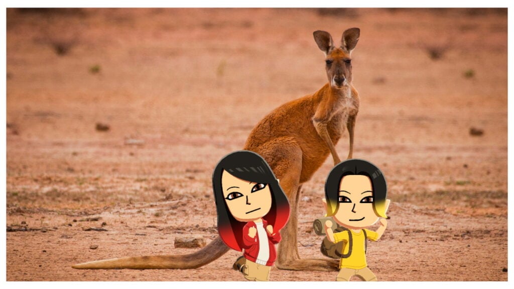 Two Miis stand in front of a kangaroo in Living the Dream