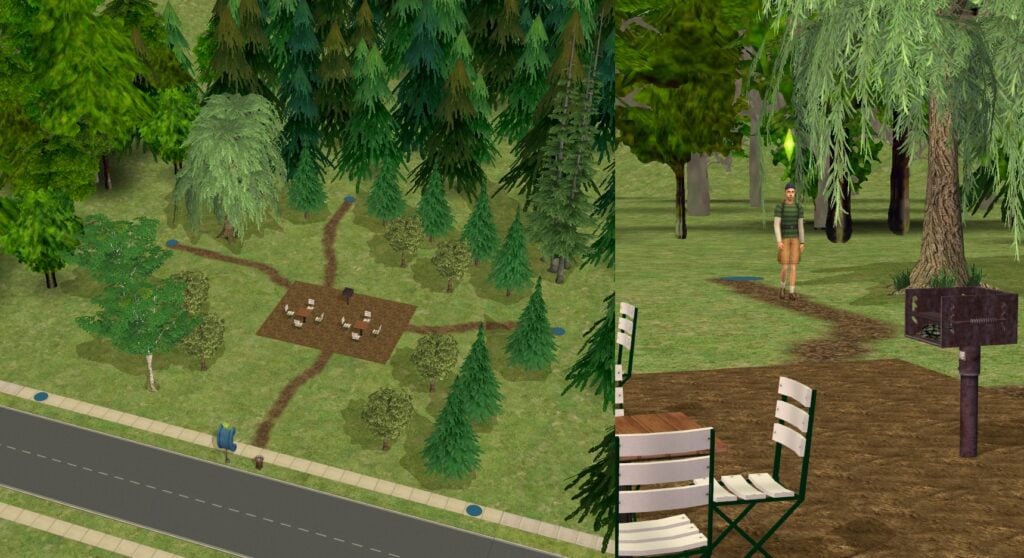GUIDE: How To Use The Sims 2 Portals In Builds For Fun And Immersion 10 A forest hangout spot with the Pedestrian Portals marked with blue rugs.