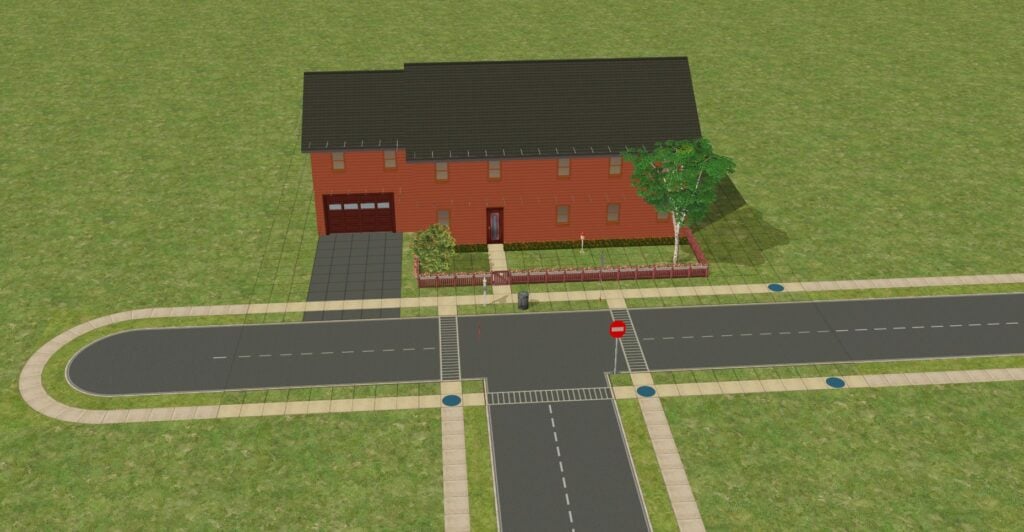 GUIDE: How To Use The Sims 2 Portals In Builds For Fun And Immersion 8 A house with pedestrian portals marked with blue rugs.