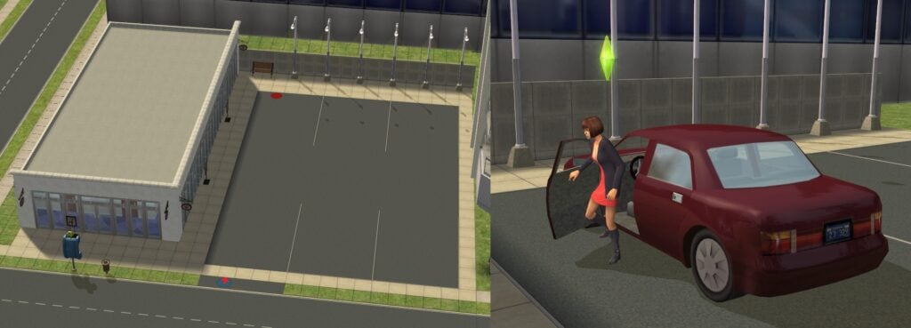 GUIDE: How To Use The Sims 2 Portals In Builds For Fun And Immersion 17 A picture showing a built parking lot which includes the portals which makes it work (marked with a rug).