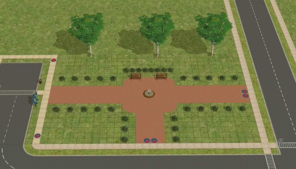 GUIDE: How To Use The Sims 2 Portals In Builds For Fun And Immersion 7 A quick plaza build with Pedestrian Portals marked with blue rugs.