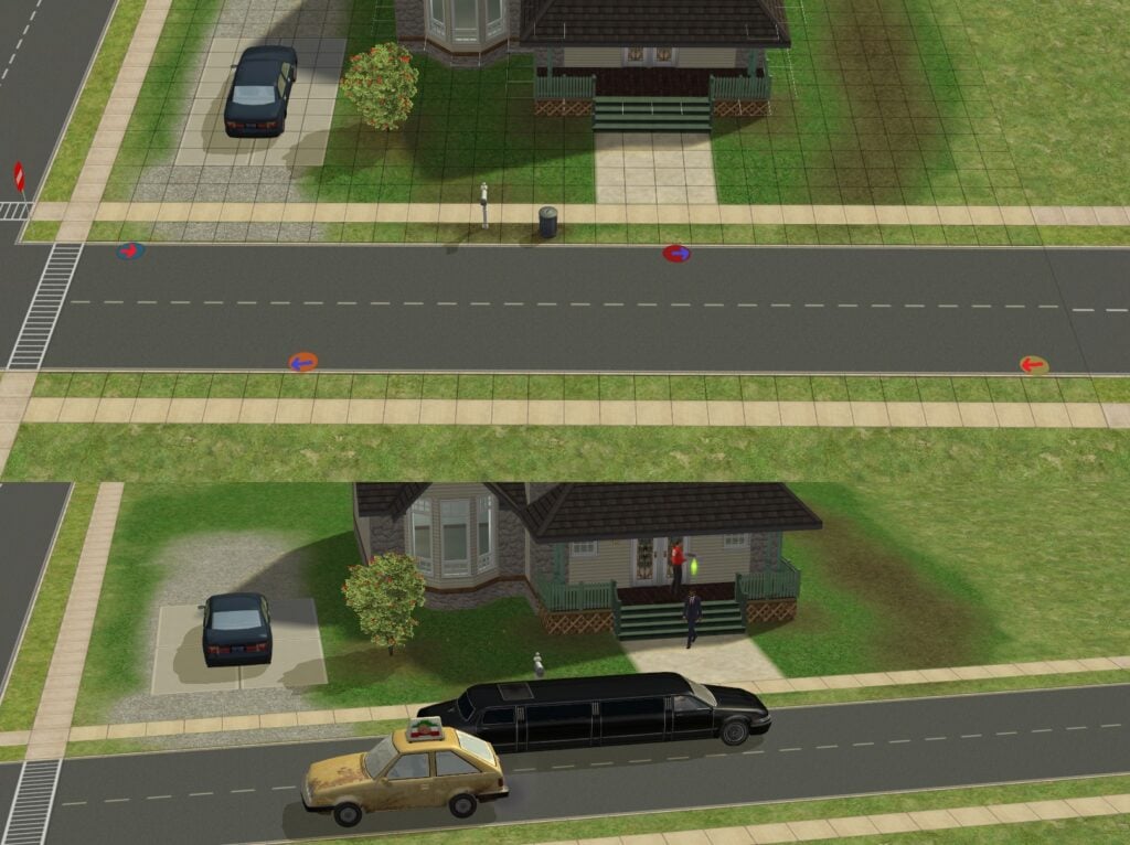 GUIDE: How To Use The Sims 2 Portals In Builds For Fun And Immersion 15 A picture showing portal placements with rugs and arrows to allow the left-side driving shown on the bottom picture. Uses a pre-made lot from the Lot Bin.