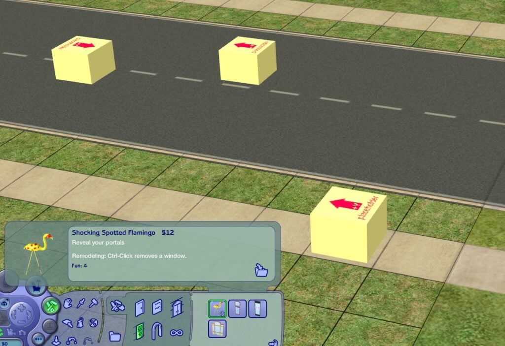 GUIDE: How To Use The Sims 2 Portals In Builds For Fun And Immersion 3 A showcase of portal revealing Flamingo statue, revealing the portals with Placeholder Box visualization.