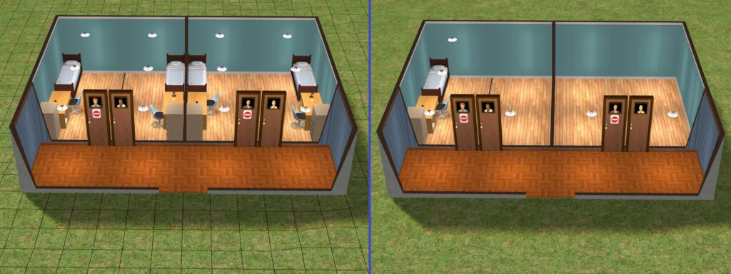 Two pictures of a small custom dorm with two rooms, 4 Myne Doors. Left is in Buy Mode, right is in Live Mode.