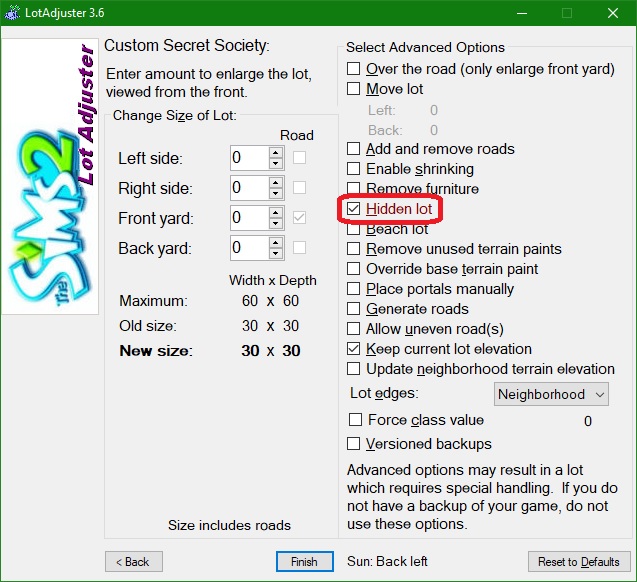Advanced options in LotAdjuster by Mootilda, with Hidden lot marked.