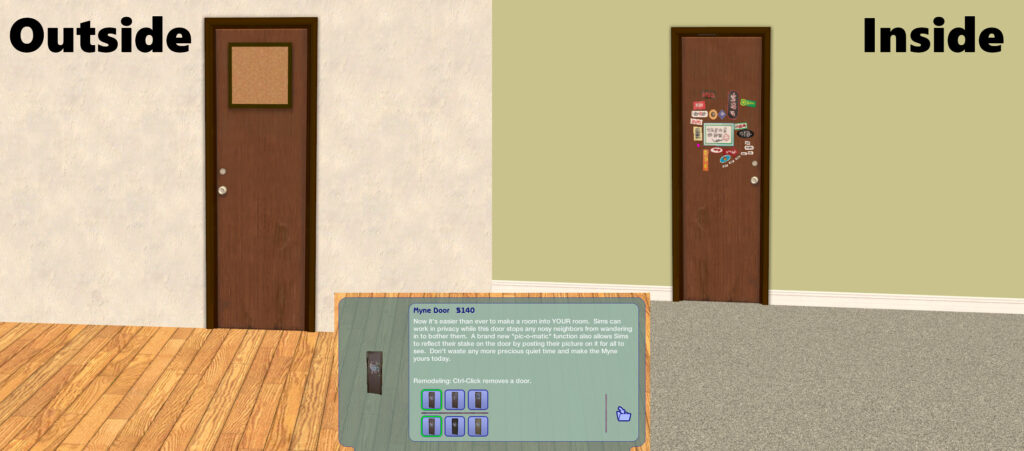 An unclaimed Myne Door on the both sides with Build Mode description.