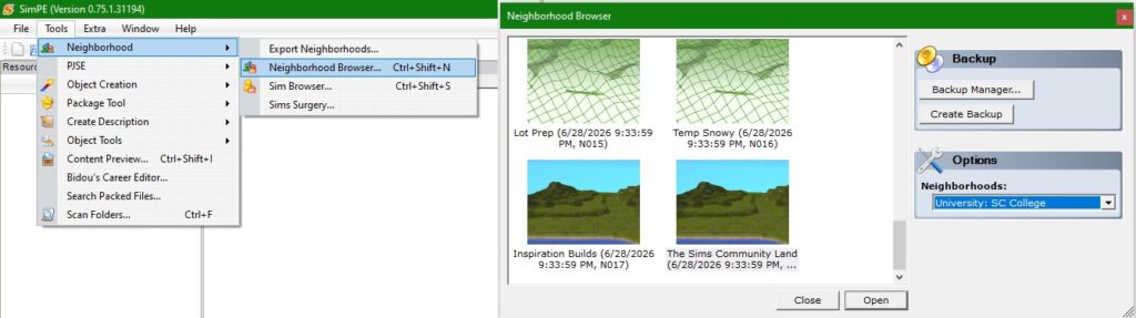 Opening a neighborhood file through Neighborhood Browser in SimPE.