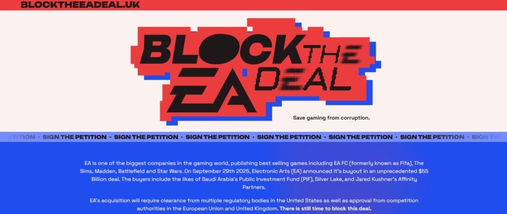 Block The EA Deal website hompage. Detailing the effects of the EA buyout.