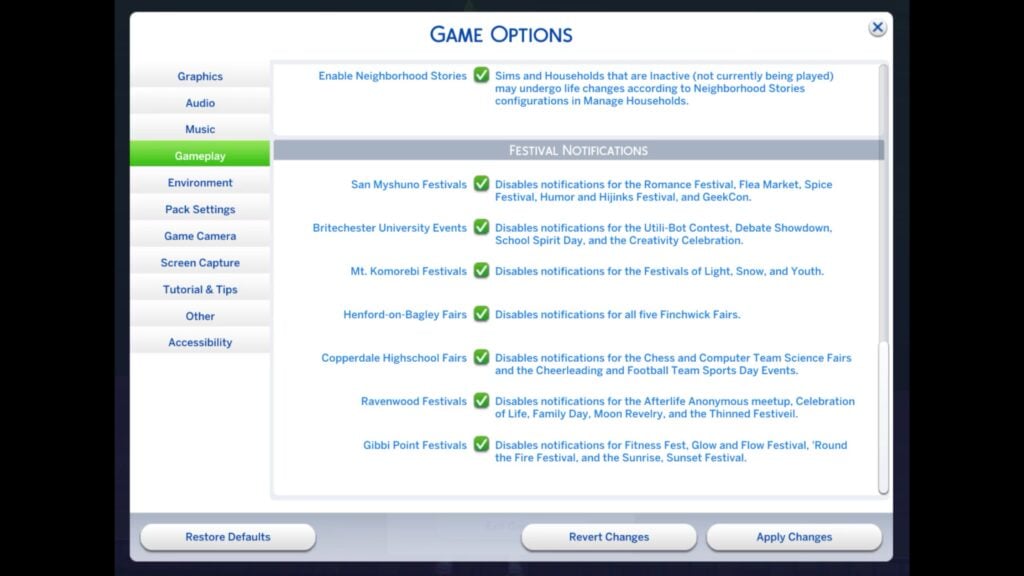 The Sims 4 Laundry List: Fixes Coming In Next Game Patch (June 23rd, 2026) 2 Sims 4 Game Options menu showing Festival Notifications toggles for various world events with checkboxes enabled.
