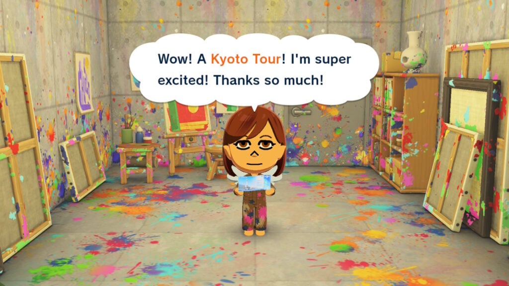 A Mii holds a plane ticket in a room covered in paint splatters in Living the Dream