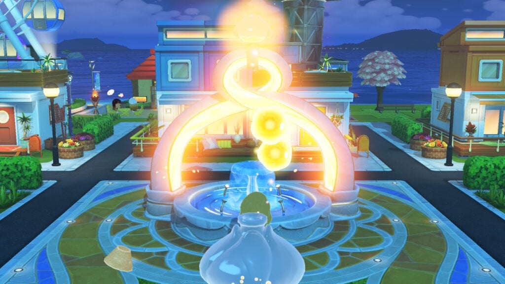 Yellow glowing orbs fill up the fountain