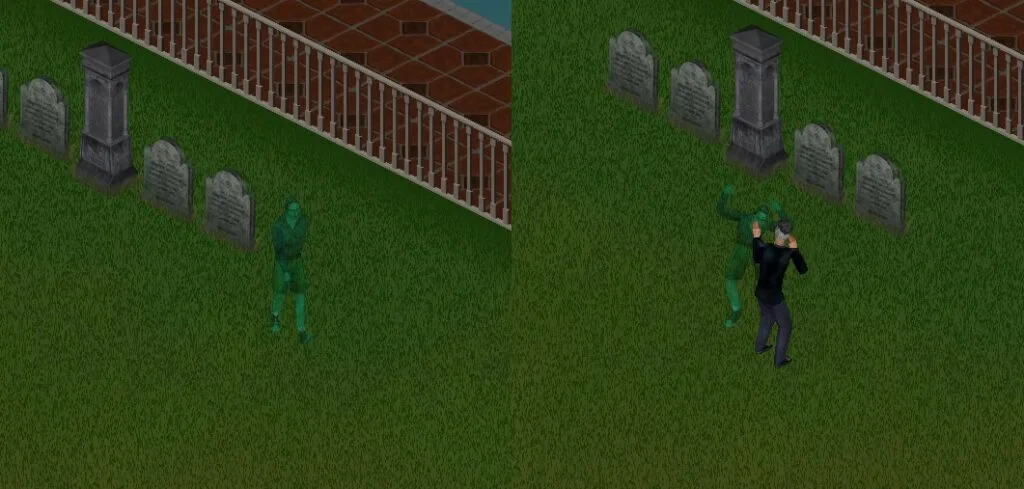 A ghost roaming around and scaring Sims.