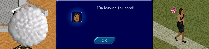 An adult leaving after losing a fight in The Sims 1.