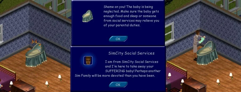 A baby being taken away by Social Services in The Sims 1.