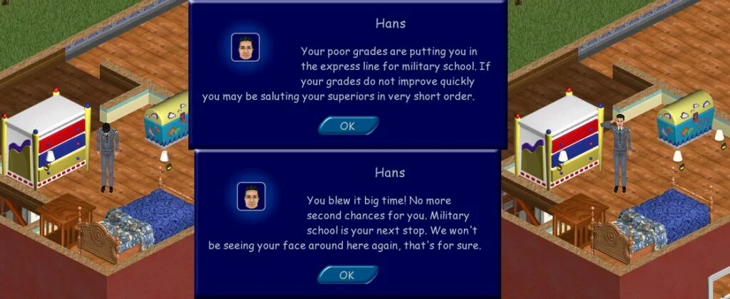A child being sent to the Military School in The Sims 1.