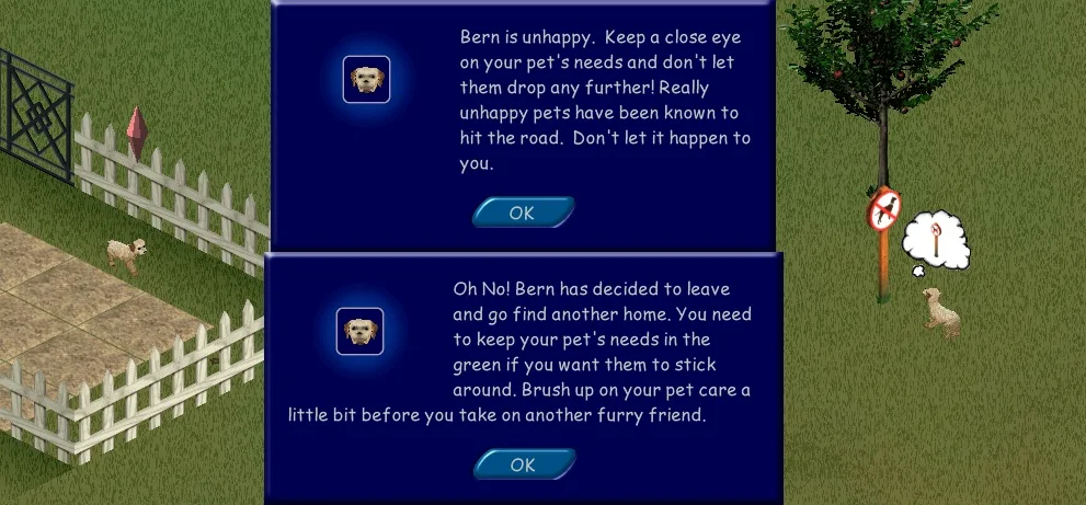 A pet running away after being neglected in The Sims 1.