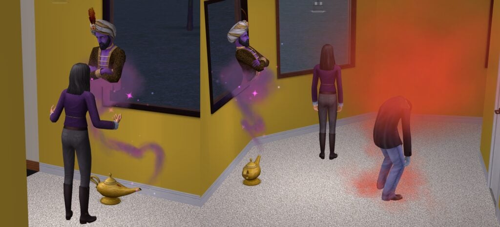 A Sim being resurrected as a zombie with a Genie's wish.