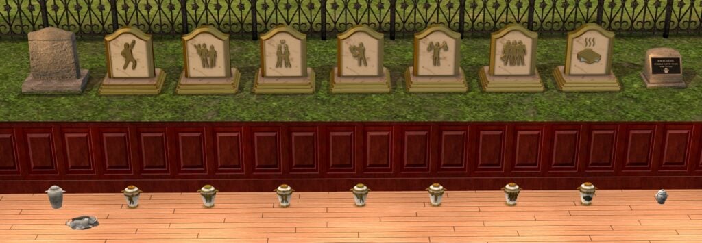 Different gravestones and urns showcased.