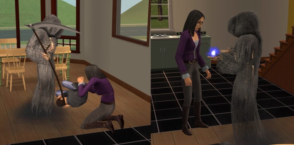 Sim pleading to the Grim Reaper.