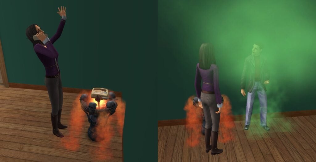 A Sim being resurrected with Resurrect-O-Nomitron.