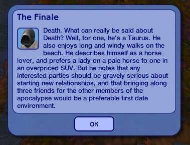 The Finale message that appears when the last Sim in the household dies.