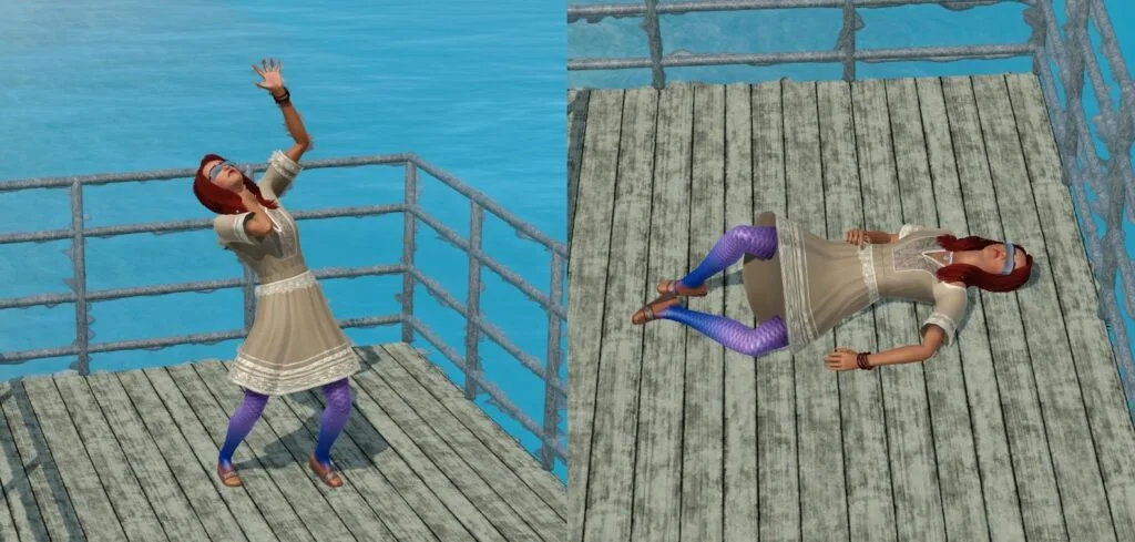 A mermaid Sim in The Sims 3 passing out before dying by Dehydration.