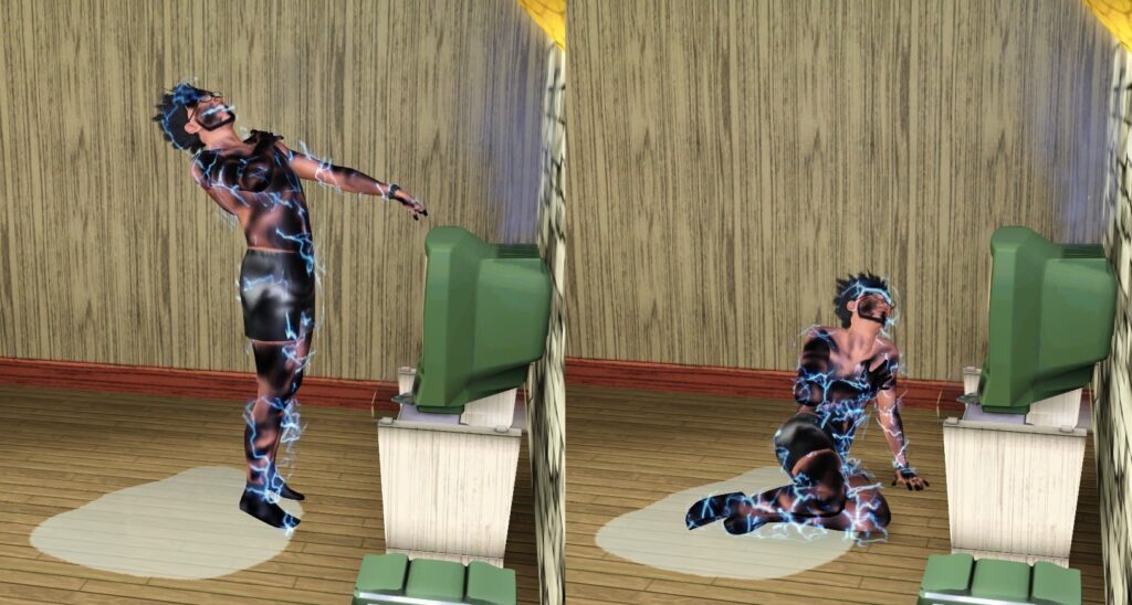 A Sim in The Sims 3 dying by Electrocution.