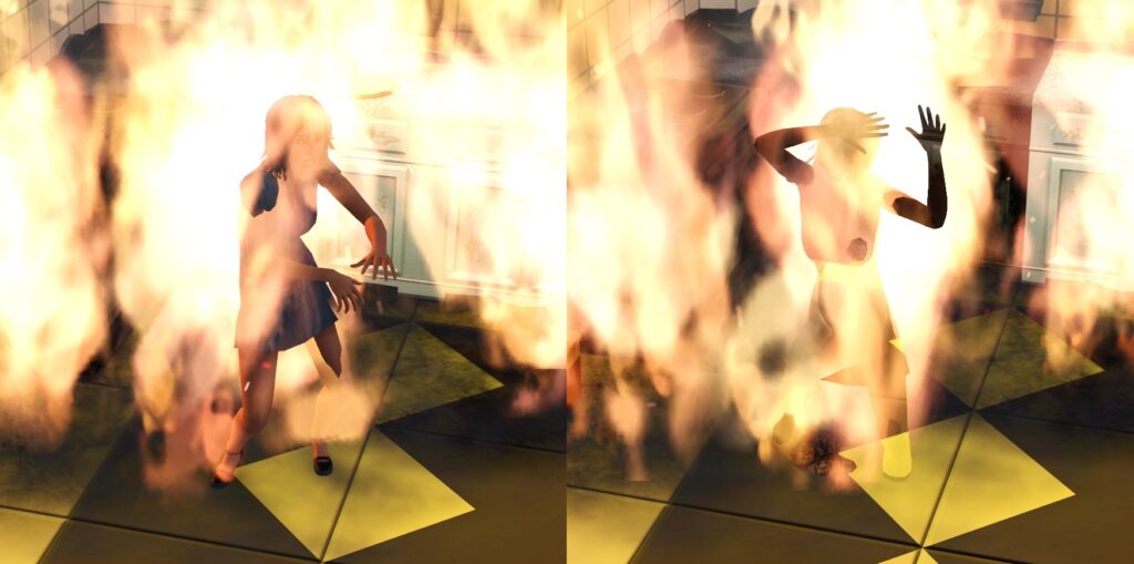 A Sim in The Sims 3 dying by Fire.