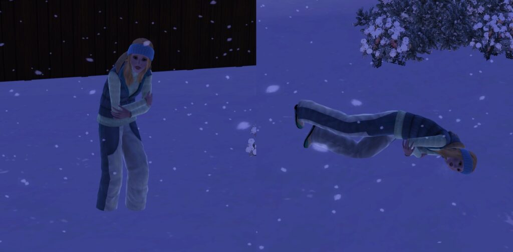 A Sim in The Sims 3 freezing solid before dying by Freezing.
