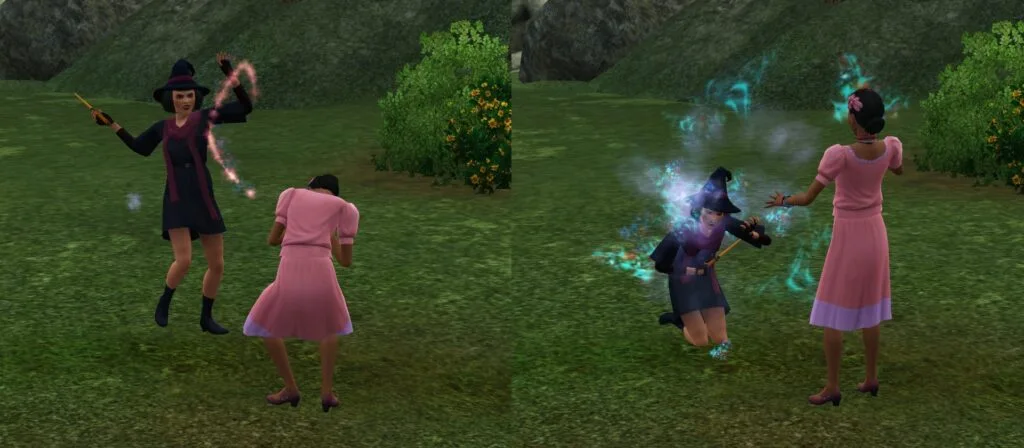 A Sim casting a backfired Haunting Curse.