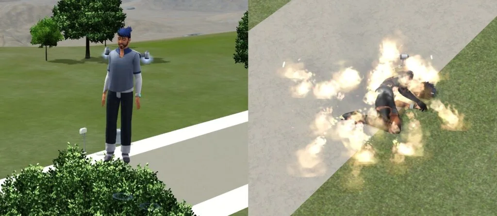 A Sim flying high high up before falling down as a fireball.
